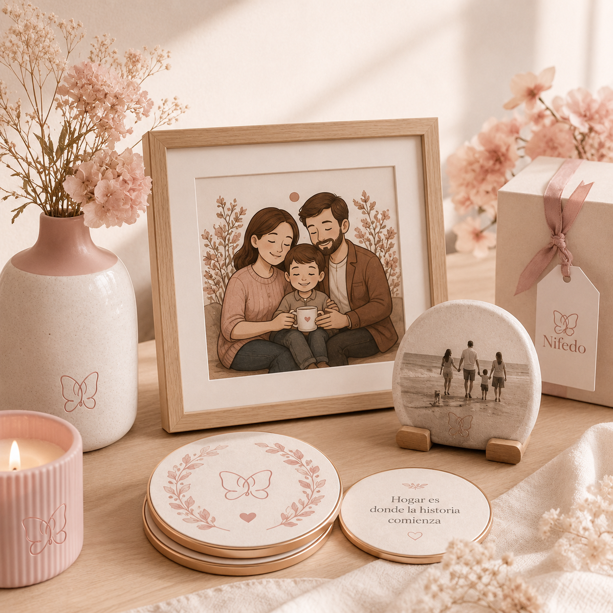 Personaliza láminas, cerámicas, portatazas y otros detalles para convertir fotos, nombres y recuerdos en piezas únicas para tu hogar.